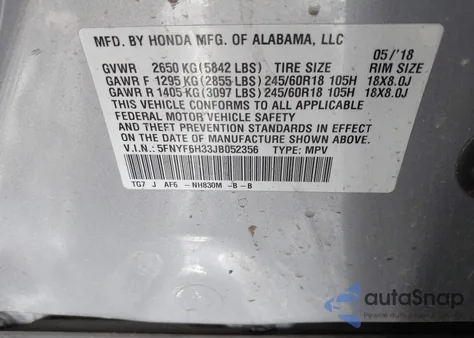 2018 Honda Pilot Ex from USA, damaged, VIN 5FNYF6H33JB052356